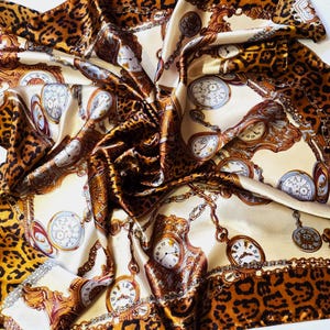 Large Satin Scarf with Clocks Watch and Leopard Print