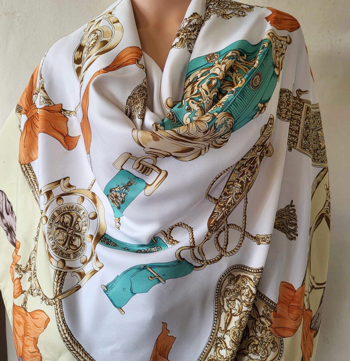 Very Large Square Scarf 43'' in Printed Silk Orange Ribbon Tassels ...