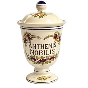Vaso da farmacia francese vintage con coperchio, St Clement Anthemis Nobilis Camomilla.