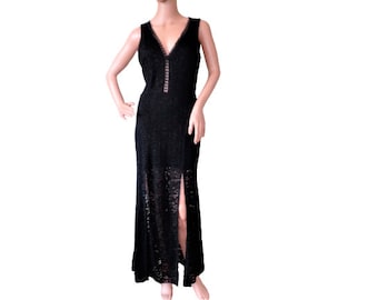 Black Lace Dress with Open Back and Slits, Vintage Maxi Dress, full length, Evening Cocktail Dress, Formal Party Dress, Size S / M