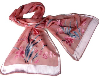 Silk Long Scarf, Flowers Neck Scarf, Pink Gray Scarf