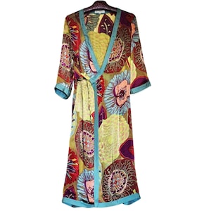 80s Kimono Wrap Dress: Bohemian Psychedelic Floral Art Robe, Silk Rayon Blend