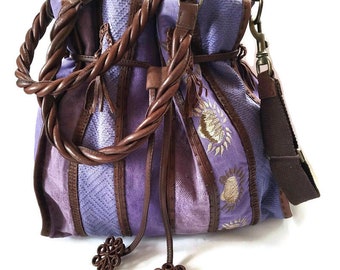 Sac fourre-tout en toile et cuir MALIPARMI violet marron avec cordon de serrage sac à main à bandoulière de créateur italien vintage femme shopping tenues décontractées