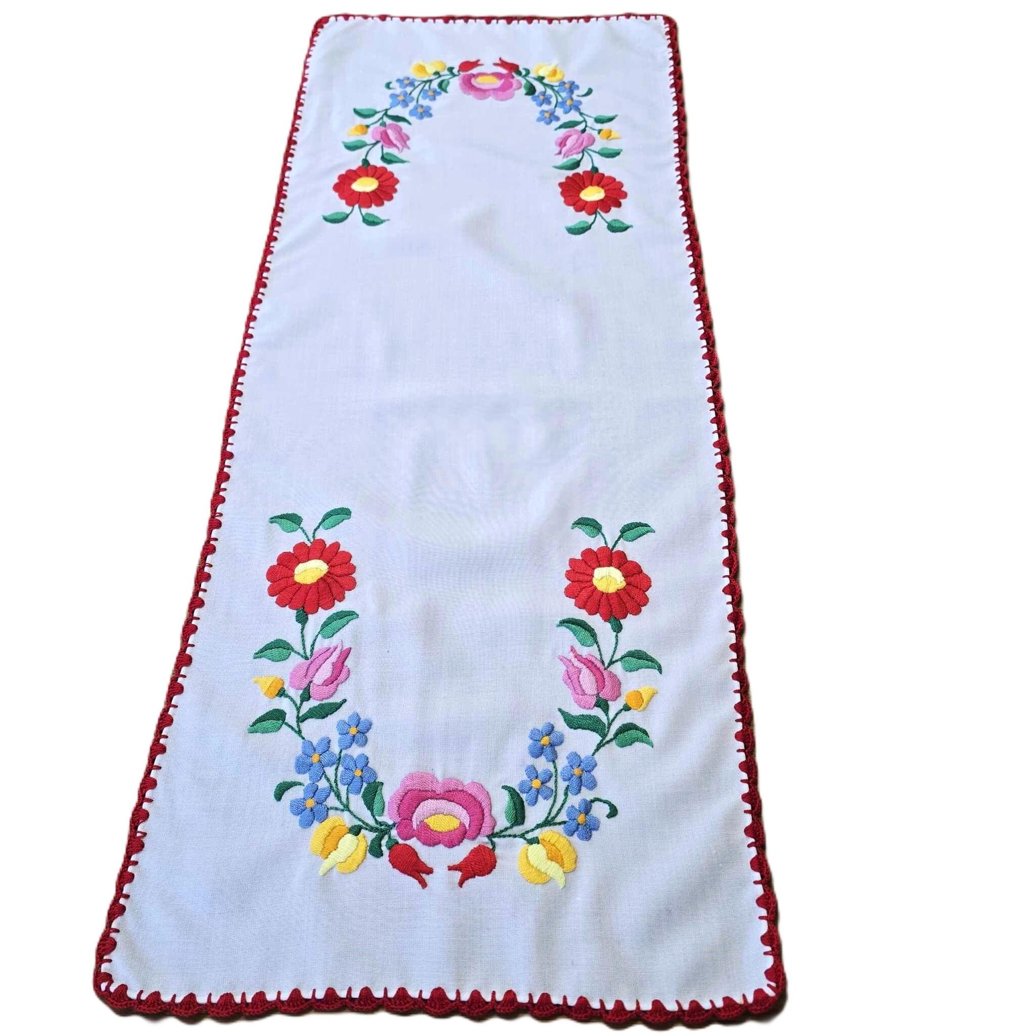 Hungarian Matyo Embroidery Table Runner Vibrant Color Hand