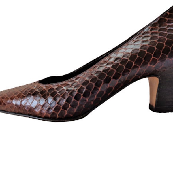 Zapatos de piel de serpiente para mujer de los años 70, zapatos de piel de serpiente de cuero marrón, tacones con patrón animal, hechos en Italia, talla US 5 / EU 35