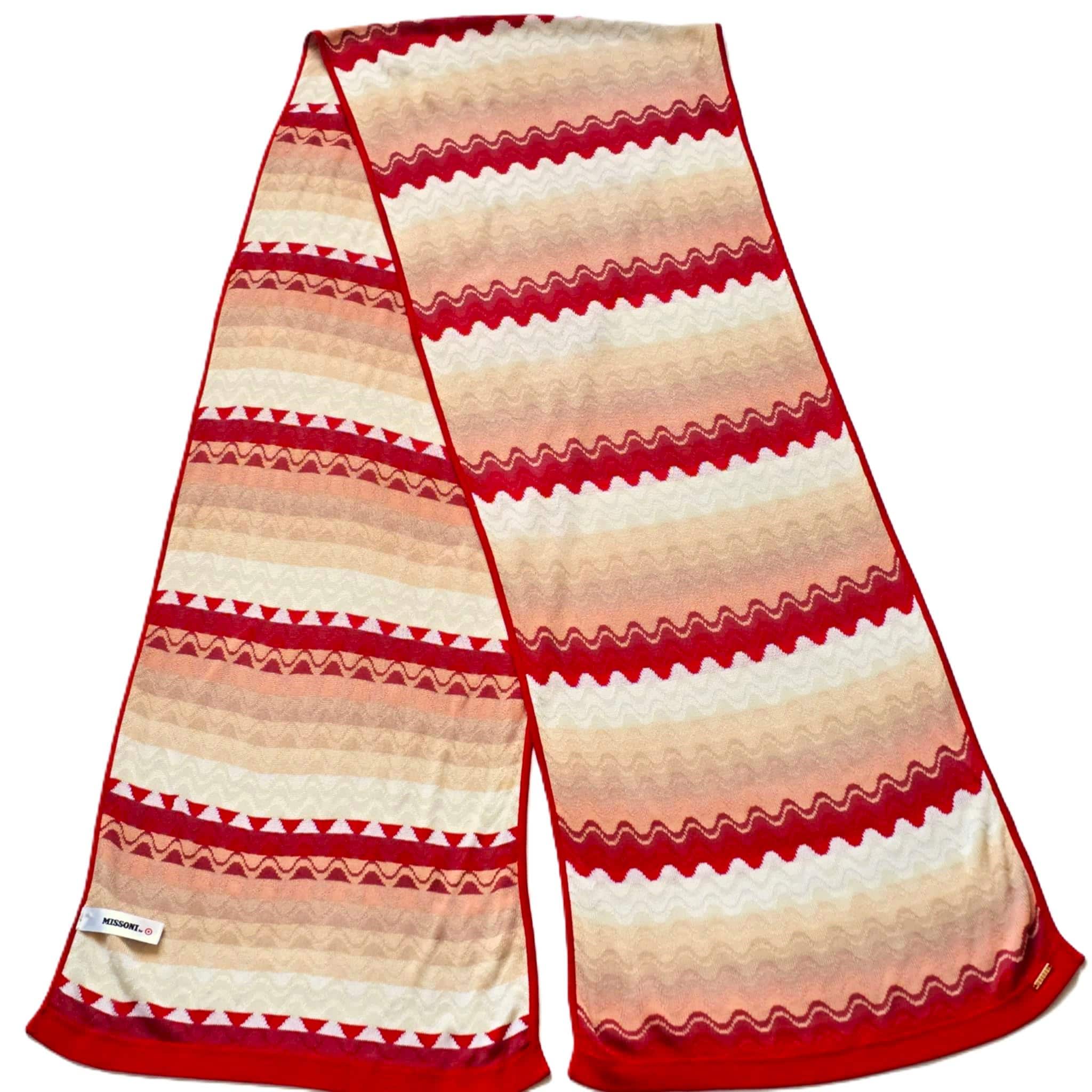Vintage Missoni Scarf, Red Beige Zigzag Long Shawl, Viscose Neck