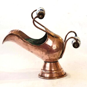 Vintage Copper Decorative Pot in Small Coal Scuttle Shape Delft Ceramic Handles Perfect for Planter Jardiniere Fireplace Decoration Storage