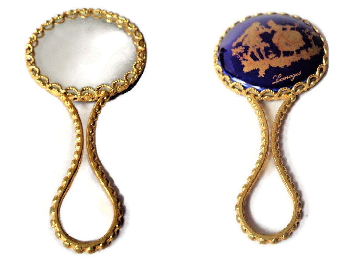 LIMOGES France Handheld Pocket Mirror, Gold Blue Cobalt China