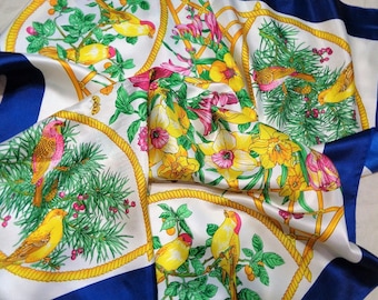 Floral Scarf, Mother Day Gift, Bird Scarf, Gift for Mom, Large Square Scarf, Vintage Silk Scarf, Garden of Eden, Gift Idea