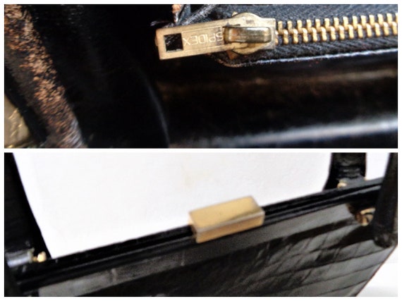 Vintage Top Handle Bag, Black Patent Leather Handbag, 60s Mod