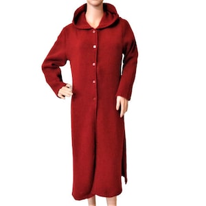 Women&#39;s Wool Cardigan Coat Hooded, Wine Red Knitted Long Cardigan with Hood, Made in Portugal