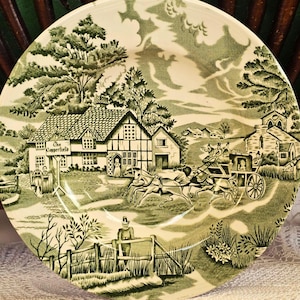 Vintage French Deep Soup Plate Shallow Pasta Bowl Luneville France English Style Green White Transferware Dish Country Tableware