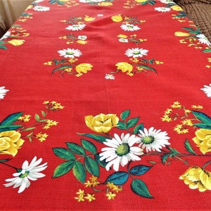 Vintage Rectangle Tablecloth with Daisy Flowers Print, Red Cotton Blend Table cloth