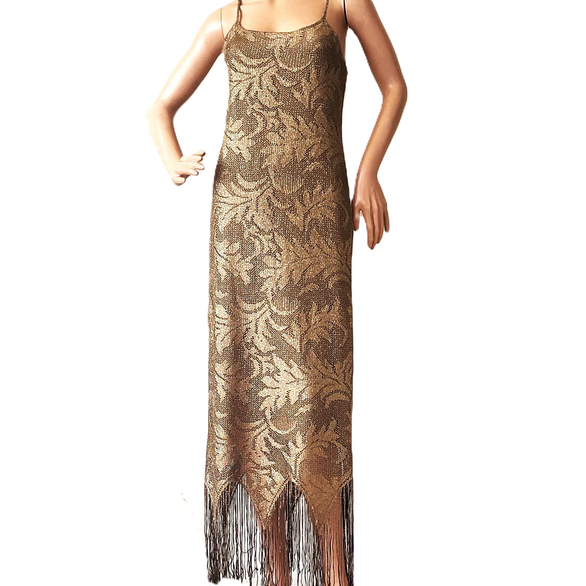 long gold fringe dress BEADED FRINGE GOLD GOWN CD3969