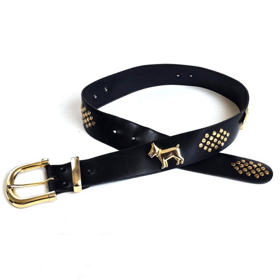 Vintage Creation Kawi Austrian Leather Belt, Black With Gold Dog