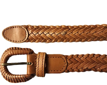 Vintage Slim Tan Brown Braided Belt with Woven Leather Covered Buckle Women Thin Boho Western Waist Hip Belt 70s 1980s Retro Accessory