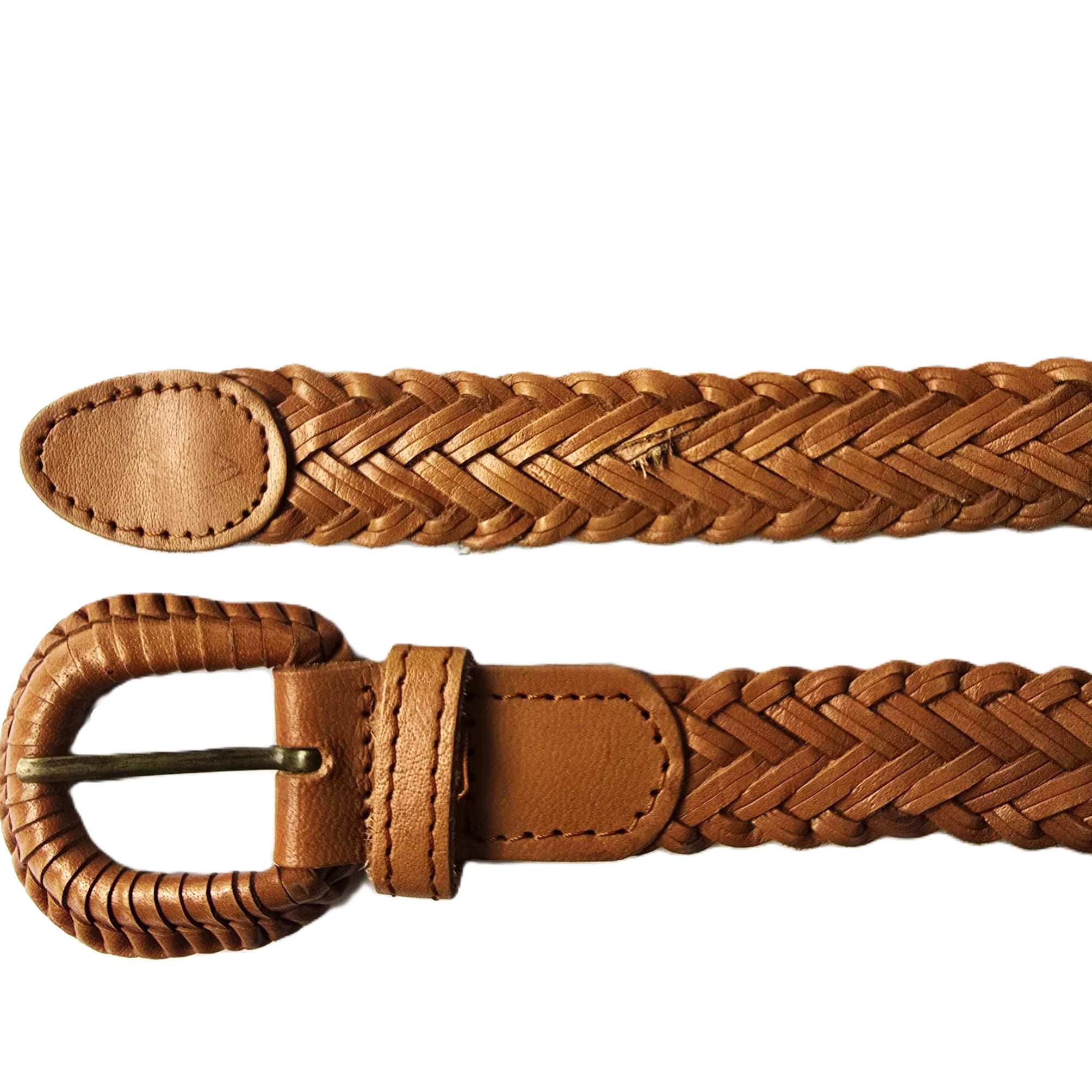 Vintage Western Style Braided Belt with Covered Buckle Light Brown Small MEN main image 3