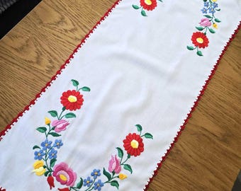 Hungarian Matyo Embroidery Table Runner Vibrant Color Hand