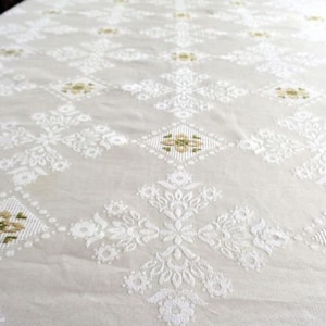 Large Damask Tablecloth with Embroidered Flowers, Cream Off White Table Cloth, Rectangle, Formal Holiday Dining Table Cover