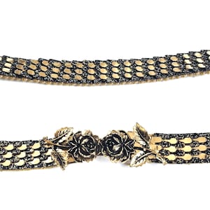 Authentic 1980s Vintage Gold Metal Waist Belt with Brass Rose Buckle 70s 80s Stretch Belt Floral Clasp Waist Cincher 29&quot;- 35&quot; Adjustable