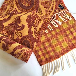Long Winter Scarf by Mila Schon Fringed Double Side Check Plaid Paisley Orange Rusty Red Brown Neck Wool Stole Muffler Vintage
