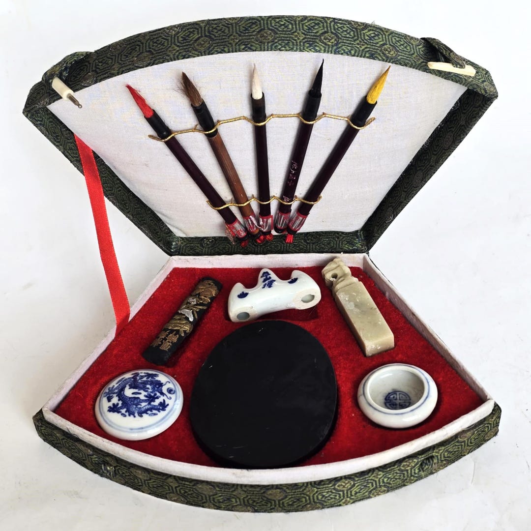Chinese Calligraphy Painting Set With Inkstone, Brushes, Seal ...