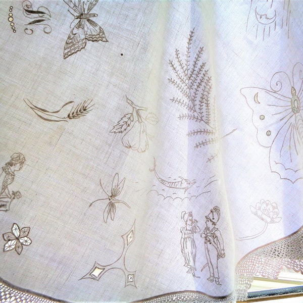 Hand Embroidered Tablecloth, 1900s Victorian Linens, Round Cotton Table Cloth, Monogrammed JN JB, Butterfly Sun Courting Couple Flowers