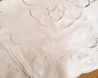 Vintage 1970s White Square Tablecloth with Floral Cut Work Hand Embroidery Drawn Thread Design Scalloped Table Cover Wedding Table Cloth