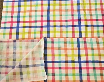 Check Plaid Cotton Fabric 3 yards x 1.6 yard, Blue Yellow Pink, True Vintage 60s Sewing Fabric, Sold As One Piece