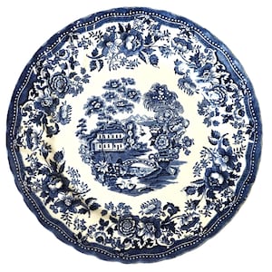Tonquin by Myott 10&#39;&#39; Dinner Plate England Staffordshire Blue Transferware Traditional English Pottery with Scenic Hand Engraved Design