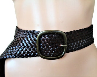 Wide Waist Braided Belt, Brown Leather Woven Belt, Brass Buckle, Vintage Southwestern Western Fashion, Boho Women Belt