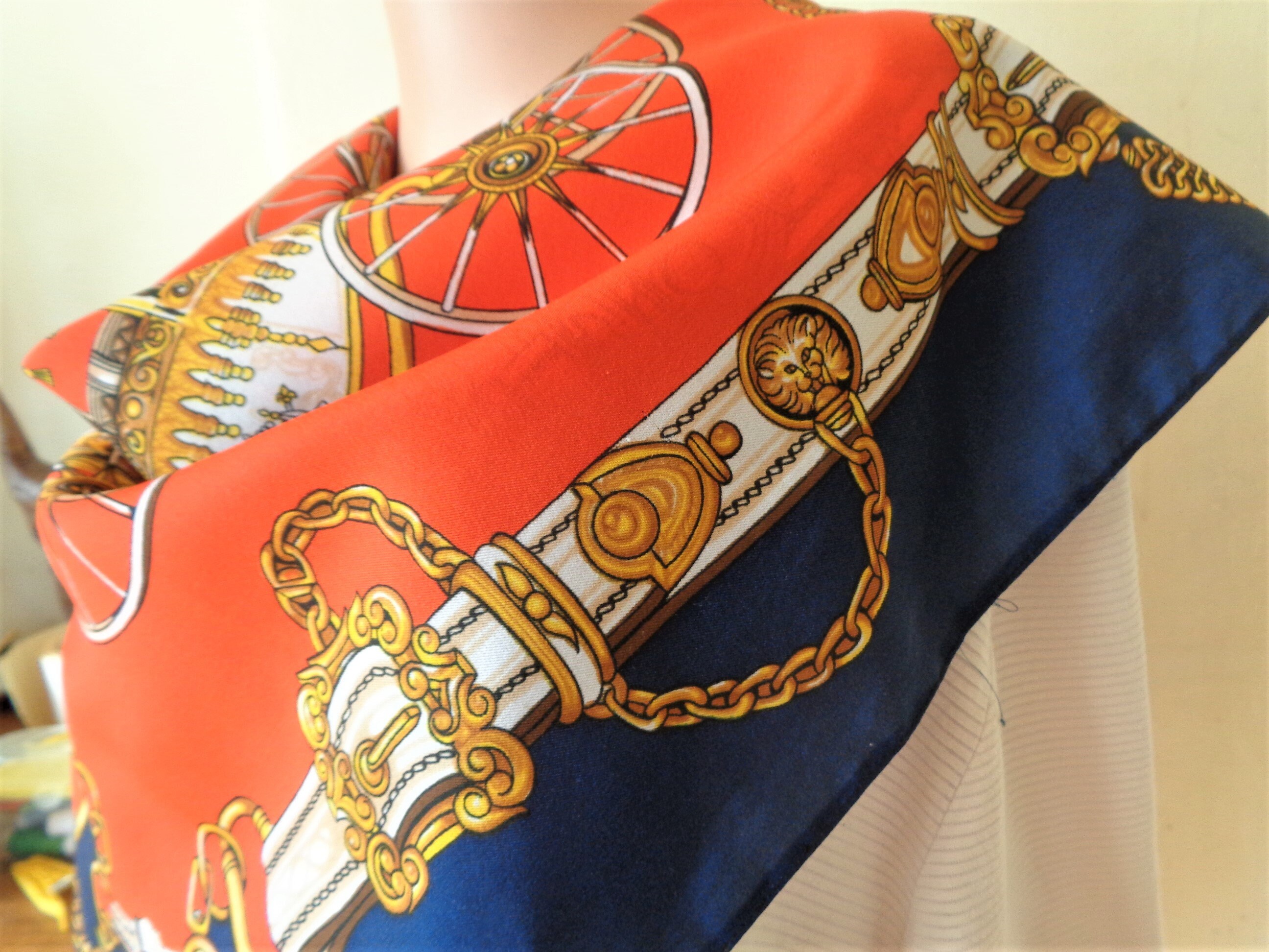 Red Blue Gold Scarf, Carriage Print Square Scarf, Baroque Head