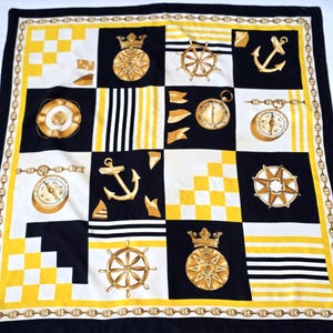 Nautical Scarf with Anchor Print, Vintage Sailor Head Scarf, Blue Yellow Scarf, Large Square Scarf, Nautical Gift