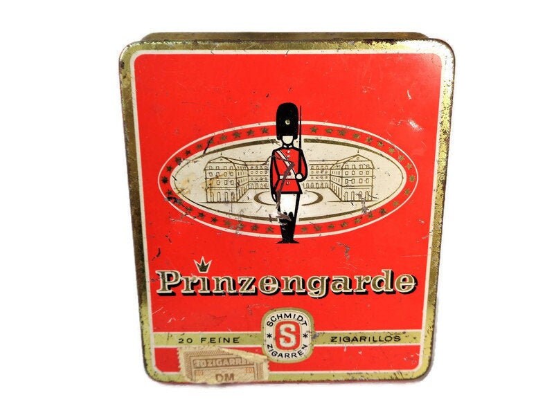 Vintage German Cigarette Tin, Prinzengarde Germany, Mid Century Tobacciana Advertising