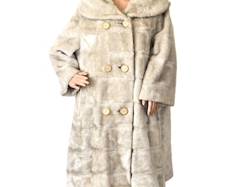 Vintage Malden USA Swing Coat, Beige Gray Faux Fur, Union Made