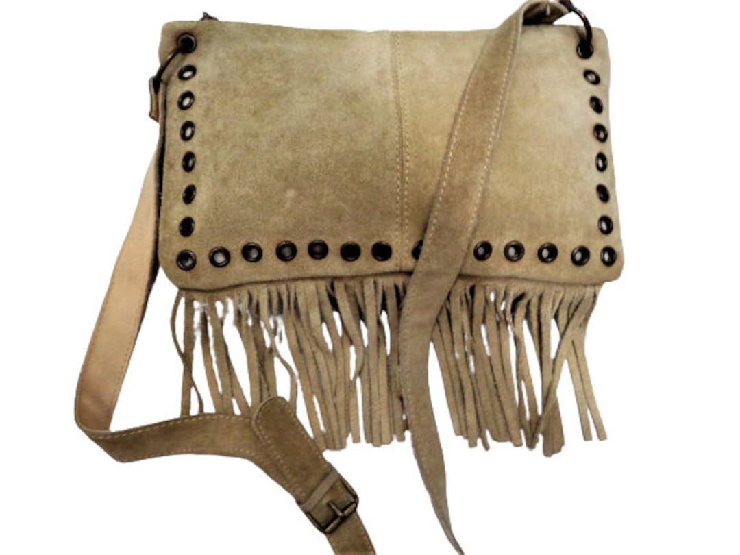 Fringe Leather Crossbody Bag, Taupe Color Suede Purse, Hippie Fringed