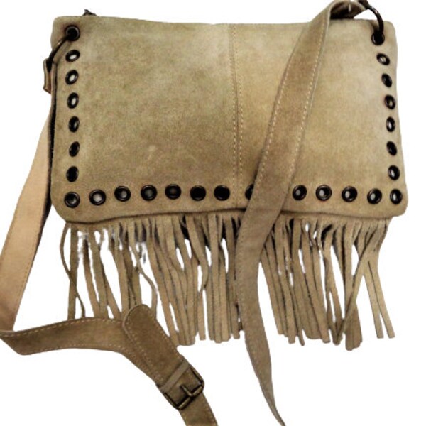 Sac Bandoulière Macramé Franges Vintage Style Hippie Boho - Taille Moyenne, Couleur Beige