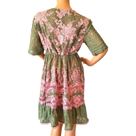 Vintage Italian Lace Dress, Pink Green with Roses… - image 4
