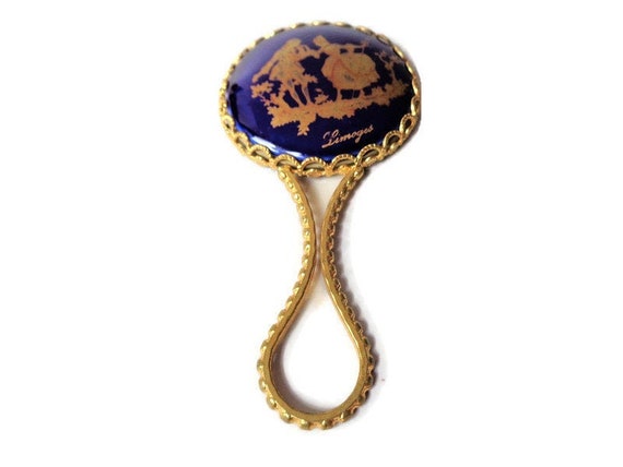 LIMOGES France Handheld Pocket Mirror, Gold Blue Cobalt China