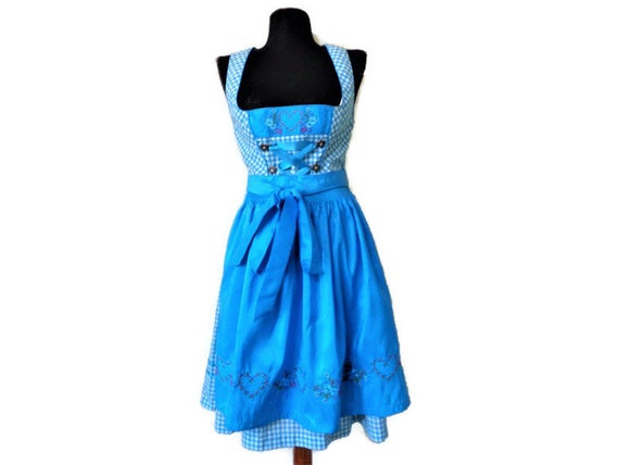 Blue Plaid Dirndl Dress with Embroidered Apron, Em