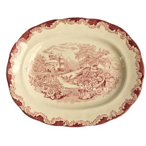 Vintage 40s 50s Rörstrand Sweden Red Oval Platter Plate Pink Transferware Swedish Porcelain Bengali Design Flowers Garden House Boat motifs