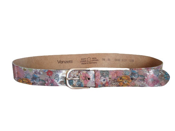 Vanzetti Women Leather Belt, Multicolor Floral Print Silver Pin