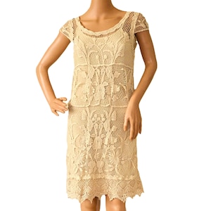 Vintage Women Beige Cream Boho Crochet Lace Dress, Fully Lined Cotton Knee Length Short Sleeves  Bohemian Summer Wedding Garden Party Outfit