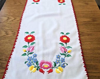 Hungarian Matyo Embroidery Table Runner Vibrant Color Hand