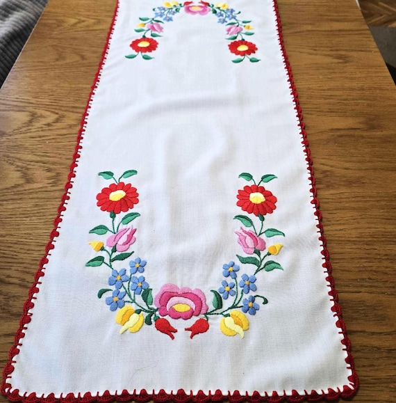Hungarian Matyo Embroidery Table Runner Vibrant Color Hand