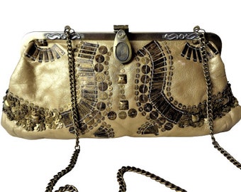 Gold Leather Party Purse, Evening Clutch, Vintage Chain Bag