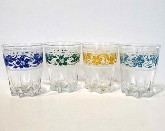 Vintage French Shot Glasses Painted Floral Leaf Garland Pattern Small Cups for Liquor Tequila MCM Barware Marked Made in France