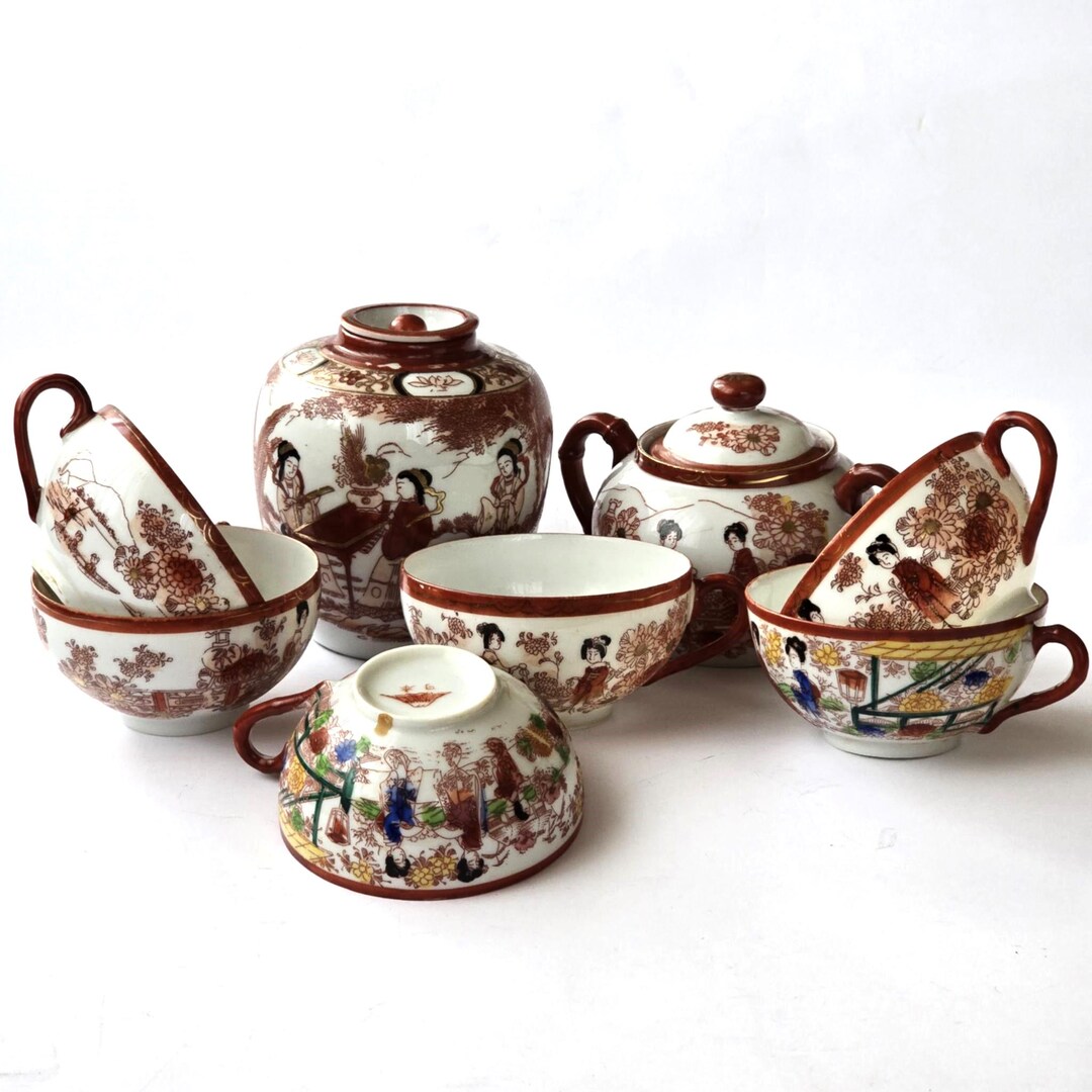 Vintage Japanese Eggshell Porcelain Tea Set, Geisha Lithophane Cups ...