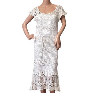 Vintage 80s Lace Crochet Dress Cream Cotton Ramie and Gold Metallic Fiber Knit Bohemian Style Off White Casual Everyday Party Dresses Size S