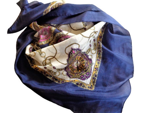 Baroque Silk Scarf, Royal Blue Head Scarf, Chain … - image 6